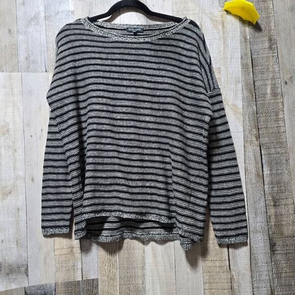 Eileen Fisher Sweaters - Eileen Fisher Grey and Black Stripe Linen Wool Blend Oversized Knit Sweater